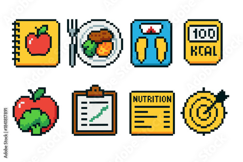 Pixel art nutrition icons: meal, scale, calories, apple, nutrition