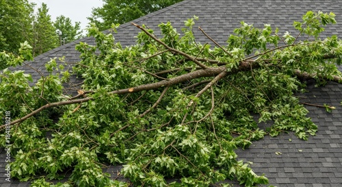 Massive green tree branches and abundant foliage littering a residential asphalt shingle rooftop following destructive strong summer winds ,shingles, limb, roof