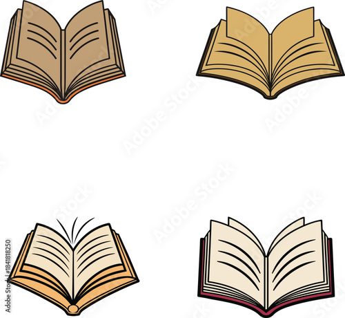 Set of five reading time open book icons