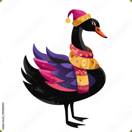 Vector illustration of a colorful winter swan in a vibrant geometric style, wearing a hat and scarf, isolated on a white background