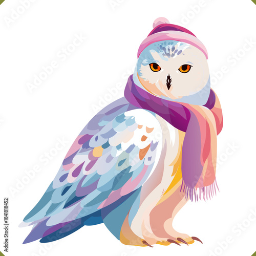 Vector illustration of a colorful snowy owl in a vibrant geometric style, wearing a hat and scarf, isolated on a white background