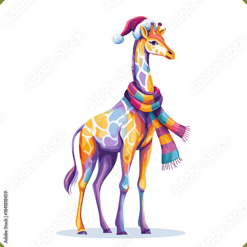 Vector illustration of a colorful giraffe in a vibrant geometric style, wearing a hat and scarf, isolated on a white background