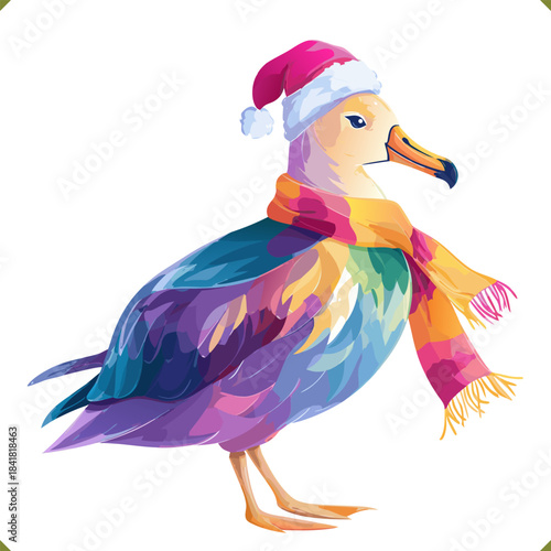 Vector illustration of a colorful winter bird in a vibrant geometric style, wearing a hat and scarf, isolated on a white background