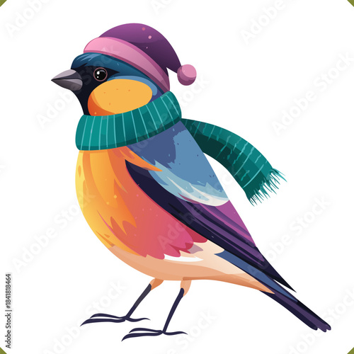 Vector illustration of a colorful winter bullfinch in a vibrant geometric style, wearing a hat and scarf, isolated on a white background