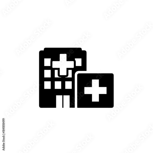 Hospital Icon: A minimalist, high-contrast illustration of a hospital building, symbolizing healthcare, medical services, and well-being.