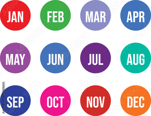 Colorful Month Icon Set – January to December Circular Labels (JAN–DEC) – Calendar Months Vector Pack