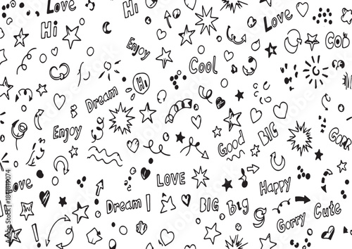 Hand drawn doodle pattern with text cool wow and decorative elements