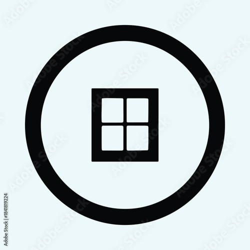 Vector Square four pane window icon housed inside a thick circular frame silhouette Illustration