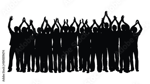 A large group of people raising their arms in celebration silhouette