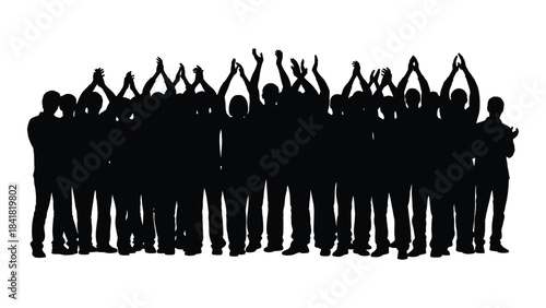 A large group of people raising their hands in celebration silhouette