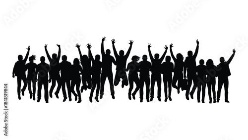 A group of people with arms raised in a celebratory pose silhouette