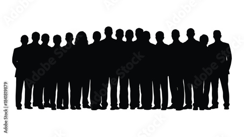 A large group of people standing closely together black and white silhouette