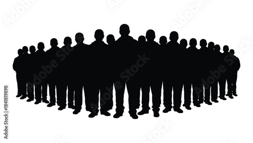 A large group of people forming a circle depicted in black silhouette