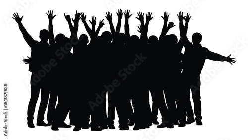 A joyous group of people raising their arms in celebration silhouette