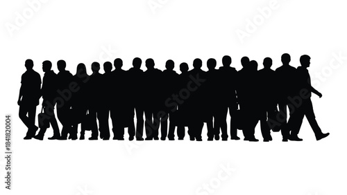 A crowd of people walking together in a striking black silhouette