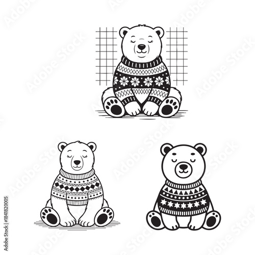 Three adorable polar bears in sweaters silhouette illustration