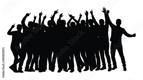 A crowd of people raising their hands in celebration a dark silhouette