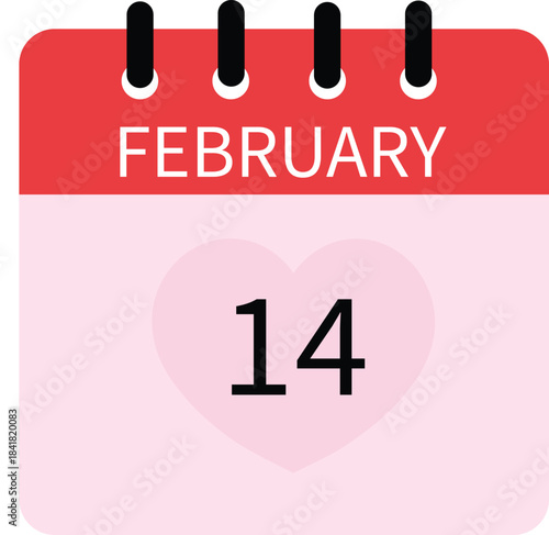 february 14 valentine day calendar icon with red header and pink background