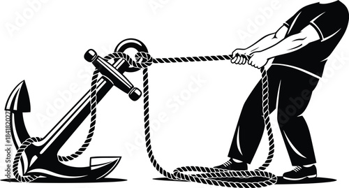 Man Pulling Anchor With Rope Silhouette Vector