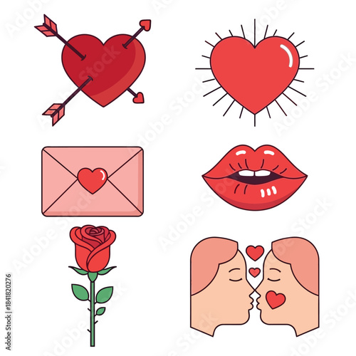 Collection of romantic illustrations including hearts kisses roses and love letters