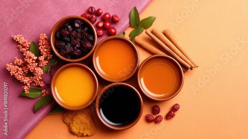 Fototapeta Naklejka Na Ścianę i Meble -  Colorful arrangement of herbal drinks in bowls with spices and fruits on a vibrant background