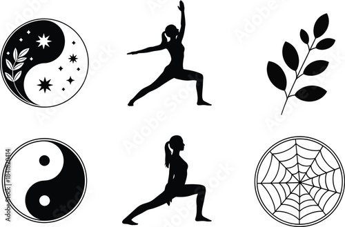 Yoga Poses Yin Yang And Nature Symbols Vector