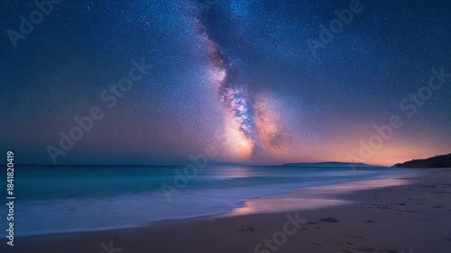Night sky milky way galaxy above ocean shoreline