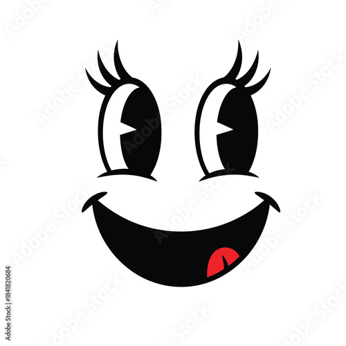 Playful cartoon face with large eyes and a mischievous grin showing a red tongue