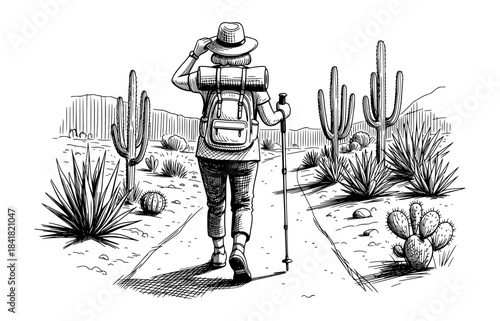 Hiker Walking Through Desert Trail Surrounded by Cacti. Hand Drawn Black and White Ink Illustration with Vintage Sketch Style.