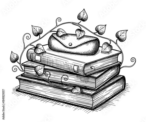 Stack of Books with Glasses Case and Curling Vines. Hand Drawn Ink Illustration in Vintage Sketch Style.