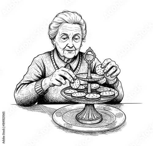Elderly Woman Arranging Cookies on a Tiered Tray at the Table. Hand Drawn Ink Illustration in Classic Vintage Sketch Style.