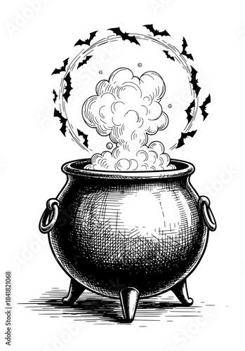 Bubbling Cauldron with Rising Steam and Circling Bats. Hand Drawn Ink Illustration in Vintage Engraving Style.