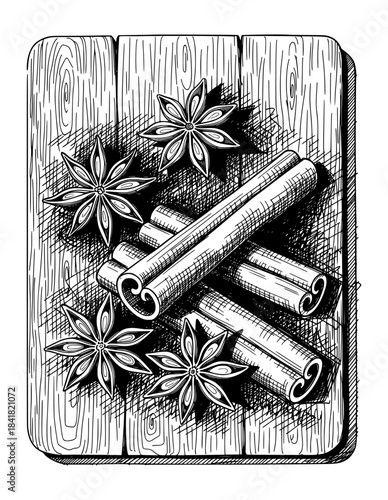 Cinnamon Sticks and Star Anise on Wooden Board. Detailed Hand Drawn Ink Illustration in Vintage Engraving Style.