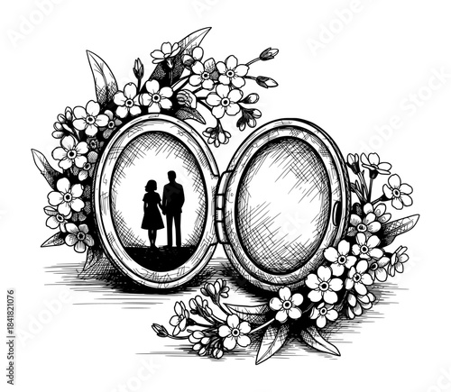 Open Locket with Silhouette Couple and Floral Decoration. Hand Drawn Ink Sketch in Vintage Style.