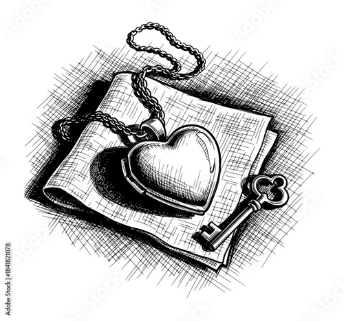 Heart Locket and Antique Key on Letters. Hand Drawn Ink Illustration in Detailed Vintage Sketch Style.