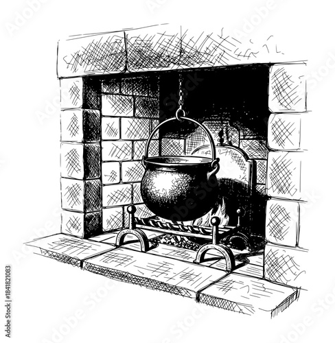 Cauldron Hanging over Fireplace in Stone Hearth. Hand Drawn Ink Illustration with Vintage Engraving Style.