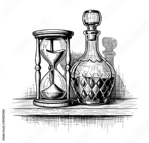 Hourglass and Glass Decanter Still Life. Hand Drawn Ink Illustration in Vintage Engraving Style.