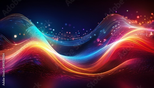 abstract colorful wave background with dynamic glowing lines and particles