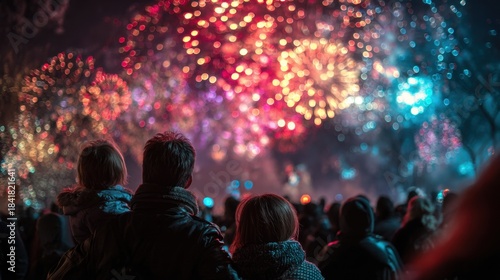 Diverse crowd observing a vibrant colorful fireworks display lighting up the night sky with bokeh effects
