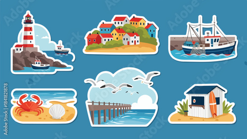 Collection of colorful coastal scenery including islands, a bridge, lighthouse, and boats under a bright sky.