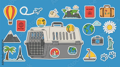 Pet travel essentials with carrier box and travel-themed stickers for adventurous journeys.