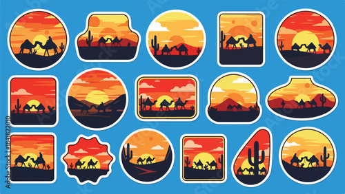 Collection of colorful African sunset safari wildlife and landscape illustrations.