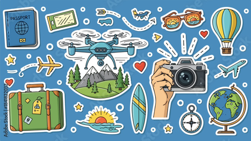 Colorful travel and vacation icons including drone camera suitcase landmarks and adventure gear.