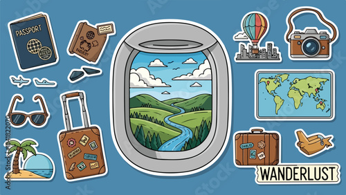 Travel-themed illustration showing airplane window view and wanderlust icons.