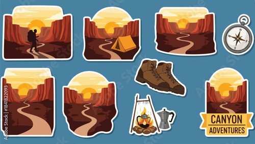 Set of canyon adventure travel stickers and icons.