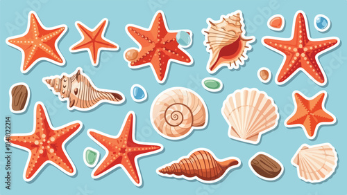 Playful collection of colorful starfish and seashell stickers.
