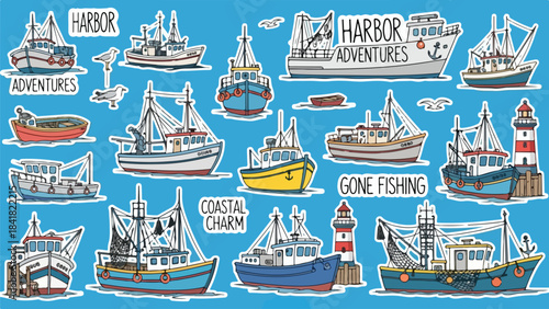 Hand-drawn coastal fishing boats and harbor adventure pattern.