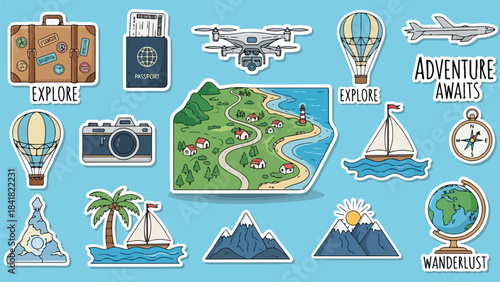 Colorful travel and adventure sticker set featuring maps, boats, balloons and landmarks.