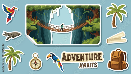 Colorful adventure sticker collage with jungle bridge and travel icons.