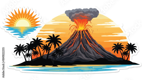Erupting tropical volcano at sunset with palm silhouettes and ocean shoreline.